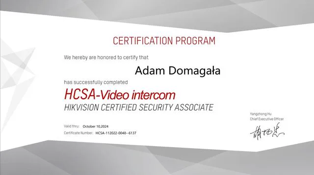 Certyfikat Hikvision HCSA-VideoIntercom